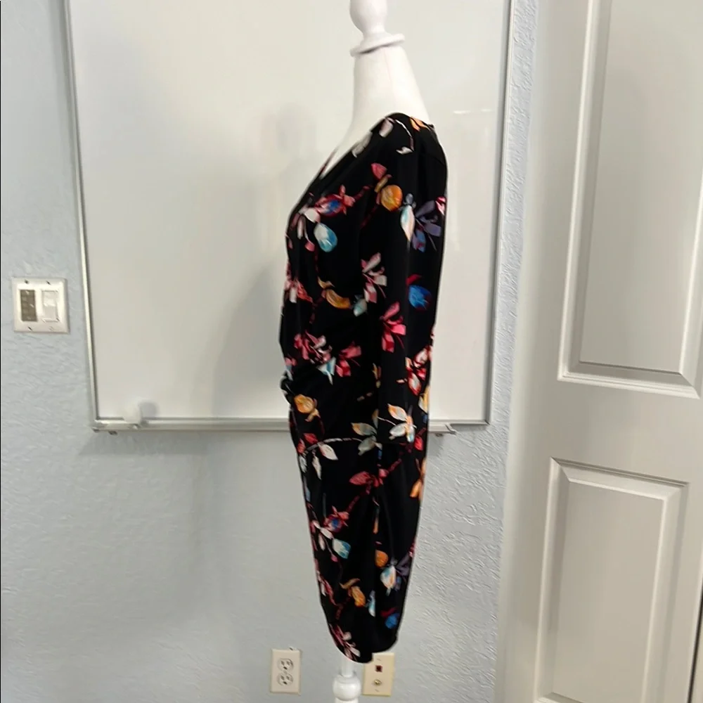 Jennifer Lopez Floral V-Neck Faux Wrap Dress - Black Multicolor